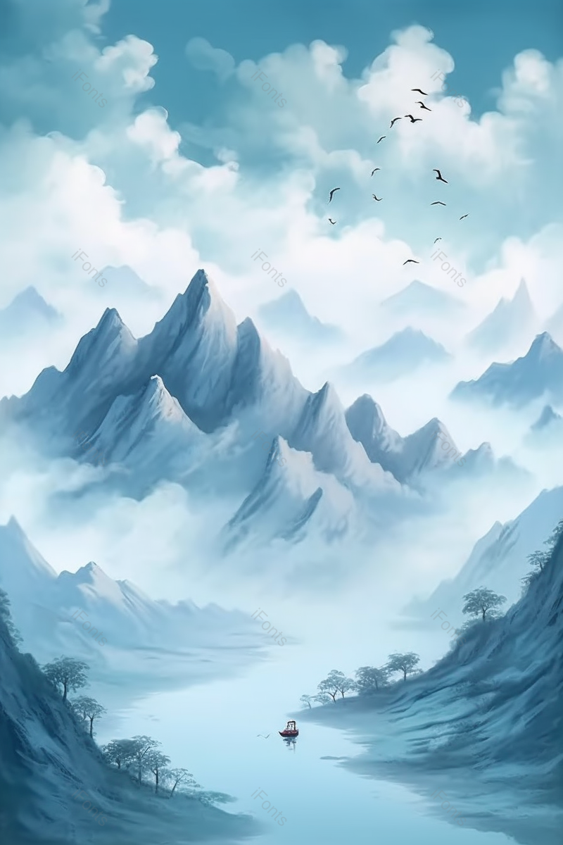 中国风蓝色山水国画奇峰,插画/手绘图,插画/手绘图库,插画/手绘图下载,插画/手绘